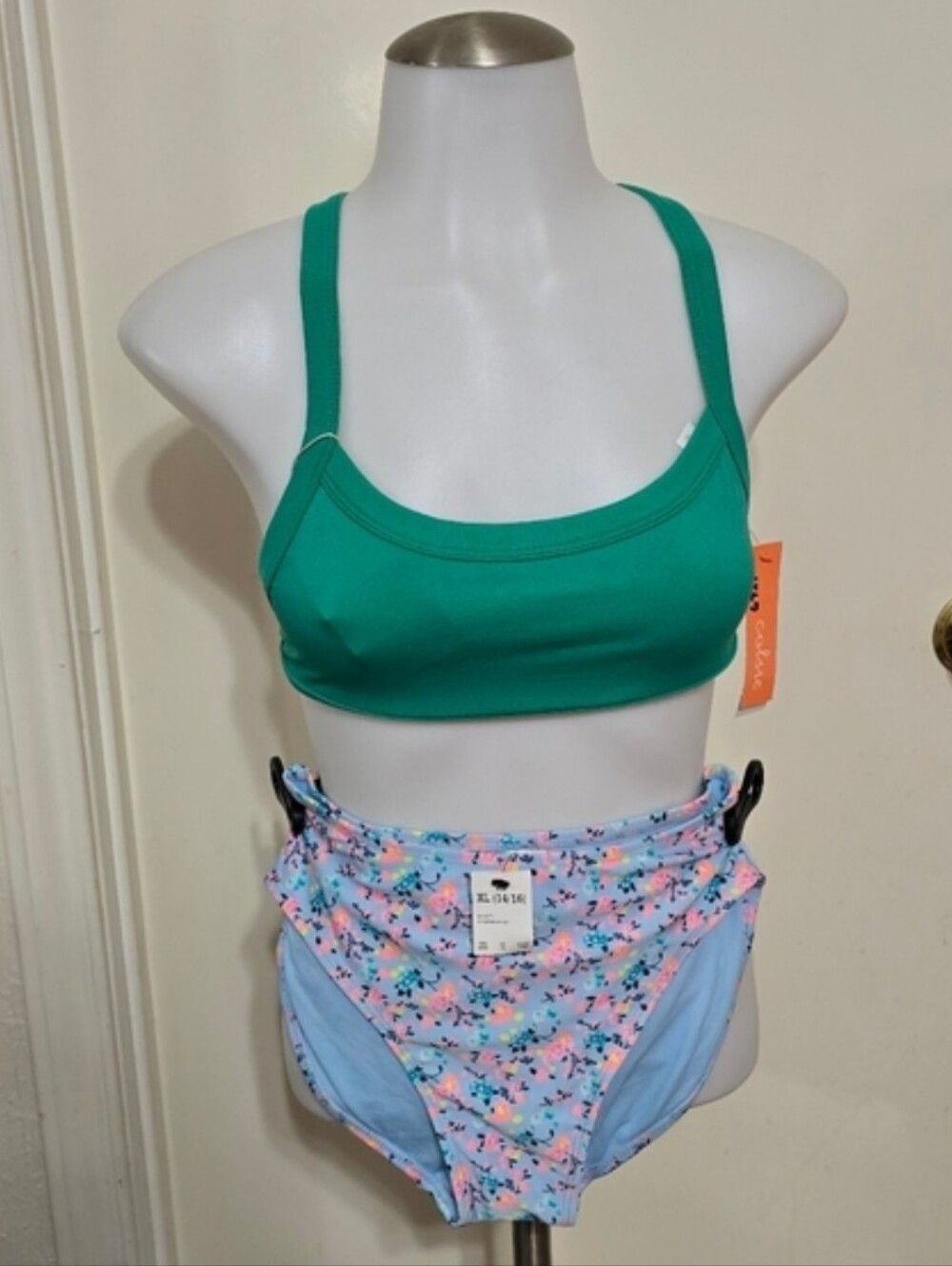 Colsie Green Swim Top with Pink Logo Trim